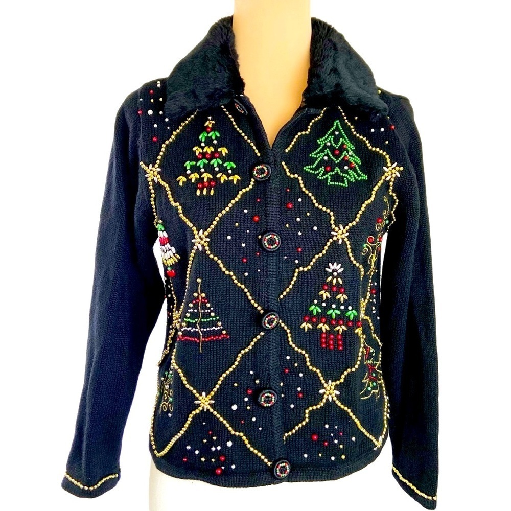 Christmas Cardigan Sweater Black PM Removable Faux Fur Collar Button Front
